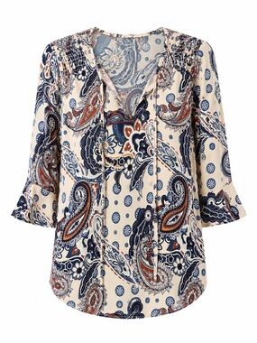 Another Reason Paisley V-Neck Women's Top in Cream and Navy
